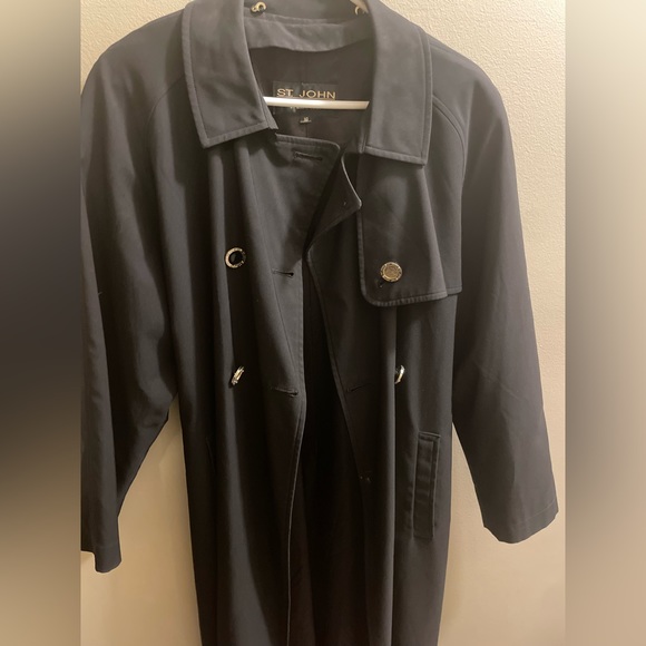 Vintage St John Collection Marie Gray Women Size 16 Long Rain Trench Coat Black - Picture 5 of 10